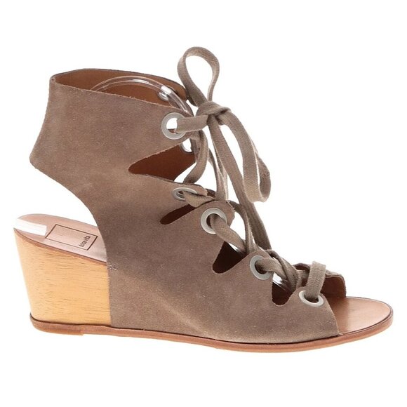 Dolce Vita Lei Brown Tan Suede Wedge Grommet Lace-Up Ankle Wrap Sandals - Picture 1 of 6